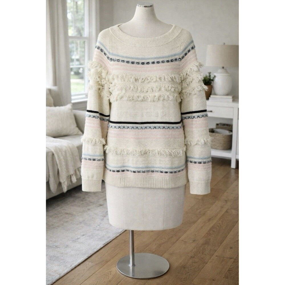Loft I Pry Boat Neck Long Sleeve Fringe Pom Pom Pullover Sweater Women’s Medium